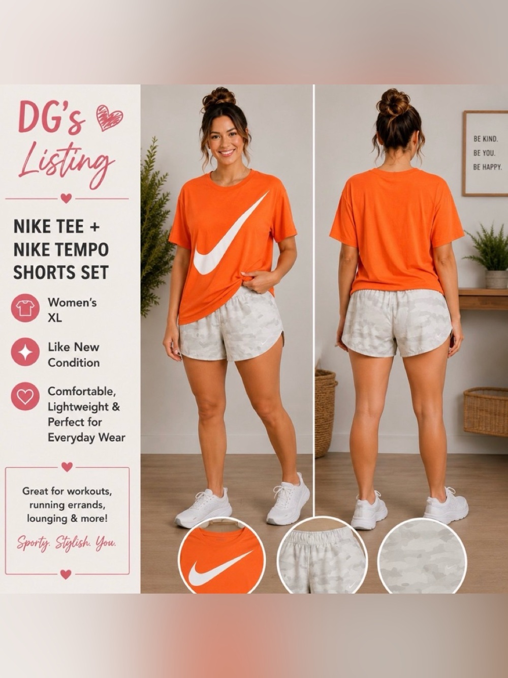 Nike Women's Athletic Shorts Set with Orange Tee and Light Gray Camo Shorts